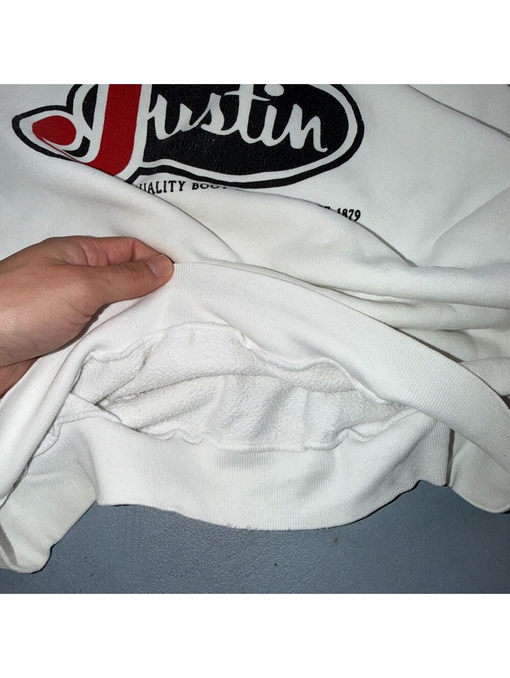 VTG Justin Boots Logo Promo Sweatshirt White Western Cowboy USA XL 1980s 80s - Picture 8 of 13